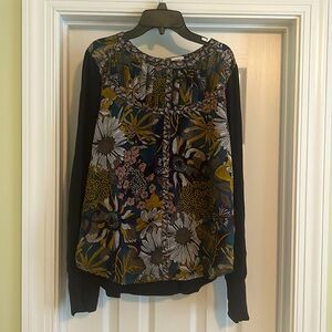 Anthro mixed media top. Med navy floral